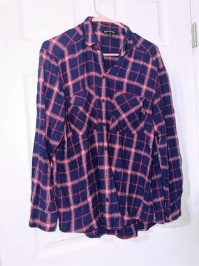 Express Navy and Red Plaid Button-Down Shirt